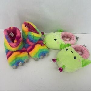 Lot of 2 slippers - rainbow claw and Squishmallows Pink and Green Plush Slippers